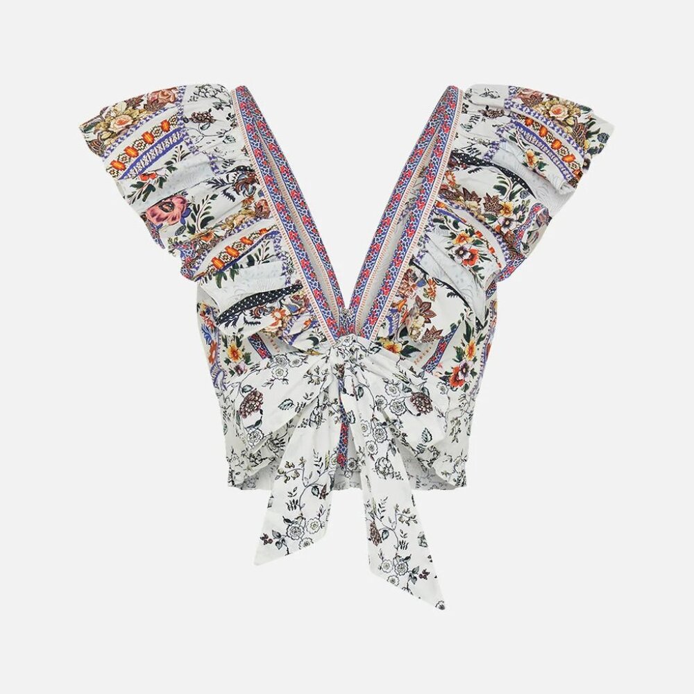 Deep V Frill Short Sleeve Top Cropped Shirt in "My Folk Art Heart" print - Picture 5 of 16